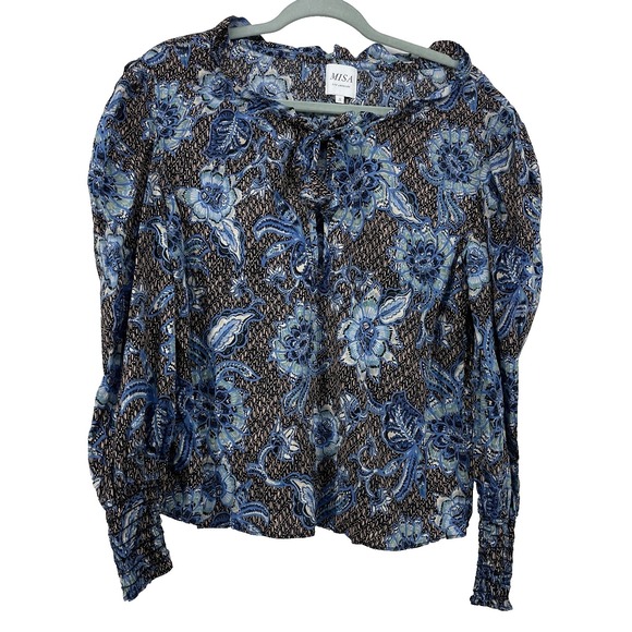 Misa Los Angeles Tops - MISA Los Angeles Size S Siena Blouse Long Puff Sleeve Boho Top Black Blue Floral